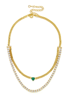 Double Layer Curb Chain Necklace, Plated Brass & Cubic Zirconia